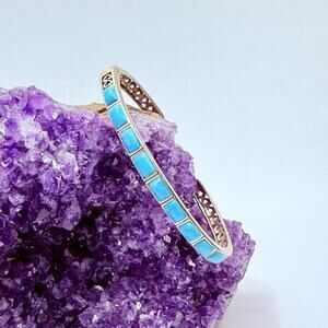 925 Sterling Silver Turquoise Inlay Cuff Bracelet Southwestern Style Hinged BBJ